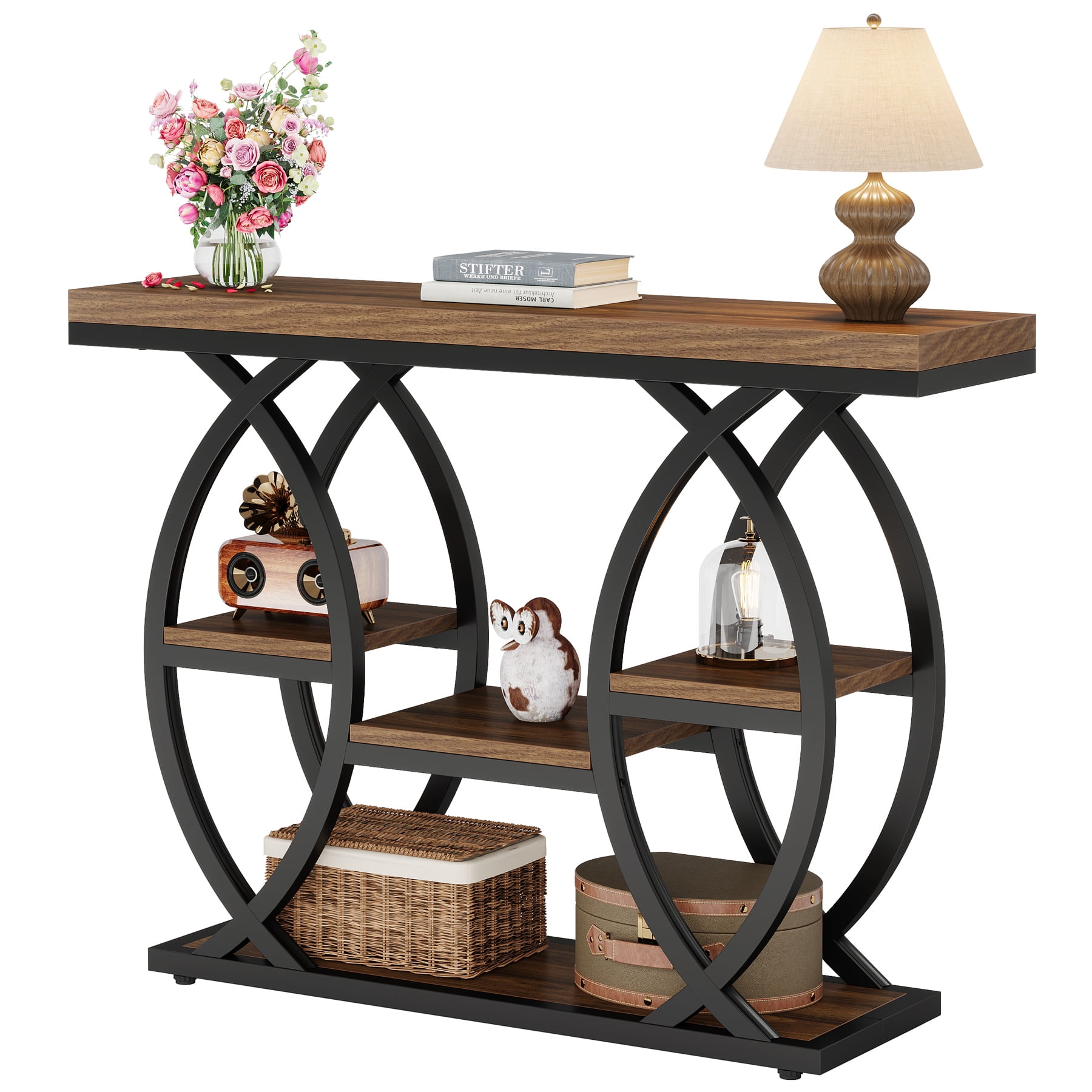 Fnova 39.4" Industrial Console Table, 4-Tier Retro Staggered Storage Shelves, Narrow Wood Accent Table with Metal Frame, for Small Spaces, Entryway, Sofa, Hallway