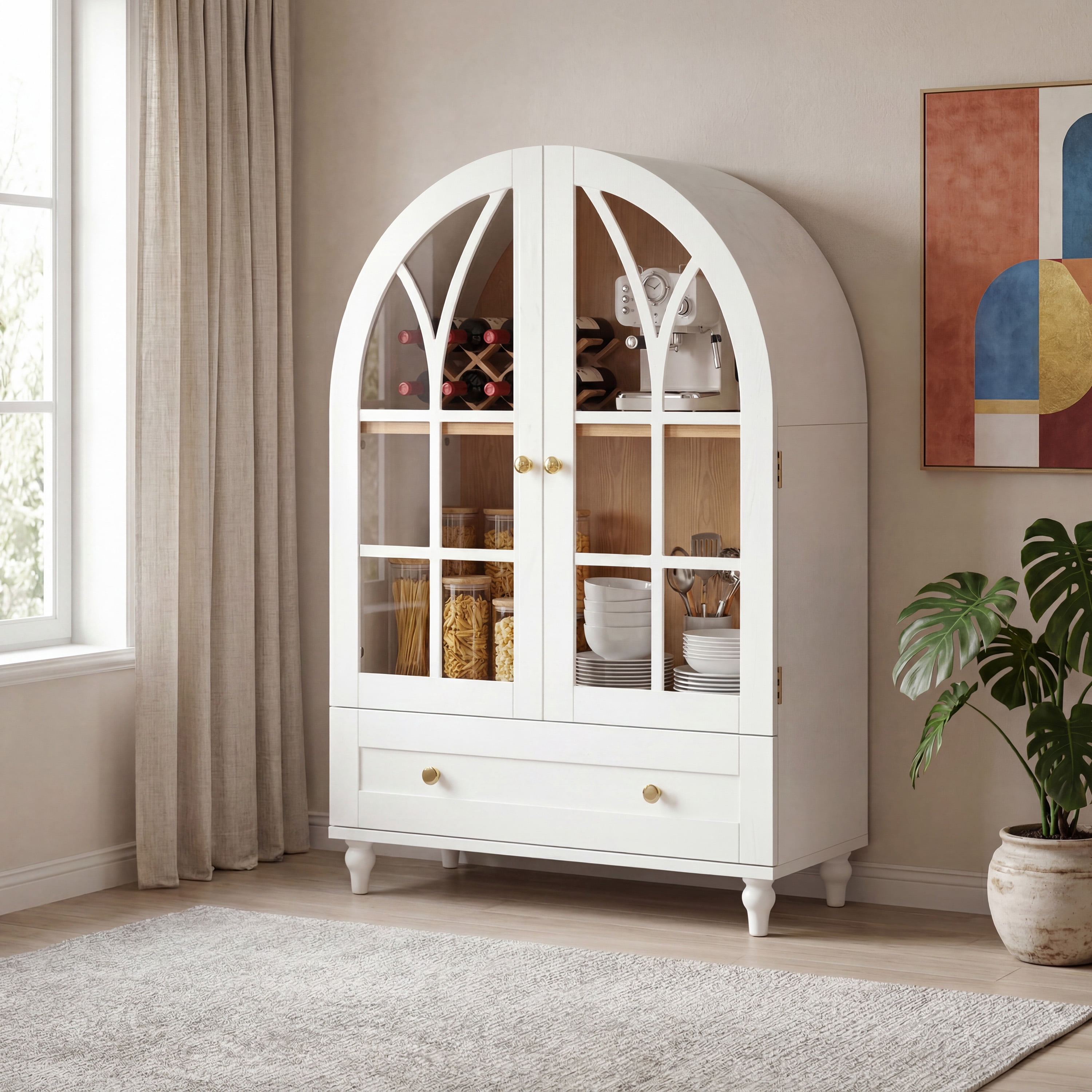 Arched Display Cabinet with Tempered Glass Doors,Wood Storage Cabinet with Natural Wood Grain Finish, Solid Wood Legs Accent Cabinet with Drawers for Living Room, Dining Room, Office