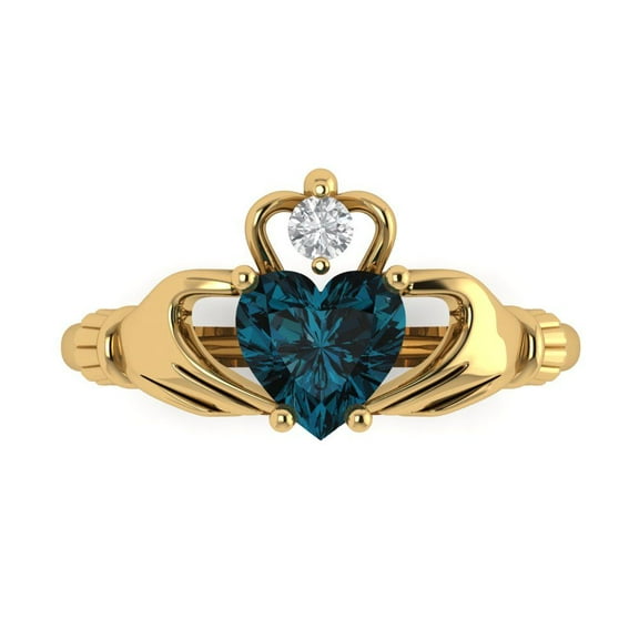 Claddagh Engagement Ring for Women - 1.06ct Natural London Blue Topaz in 18K Yellow Gold Promise Ring