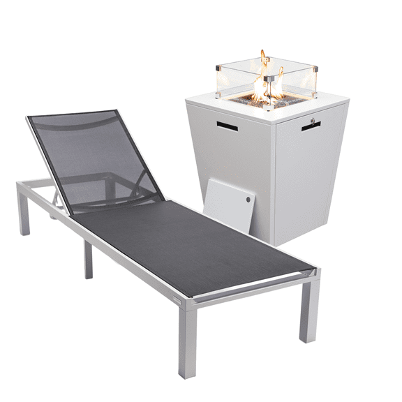 LeisureMod Marlin Modern White Aluminum Outdoor Patio Chaise Lounge Chair with Square Fire Pit Side Table Perfect for Patio, Lawn, and Garden (Black)