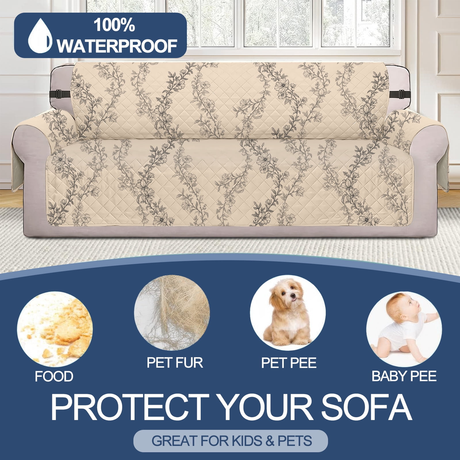 Sanmadrola Waterproof Sofa Cover Slipcover Couch Cover Furniture Protector Machine Washable Non Slip Leakproof with Straps for Dogs Kids Pets Ivory vines Sofa