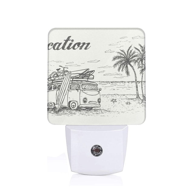 Balery Summer Vacation Scene With Camping Van Luz Nocturna LED con Sensor Automático, Enchufe con Sensor Crepuscular, Luz Suave de 0.5W para Dormitorio, Pasillo, Baño-EU