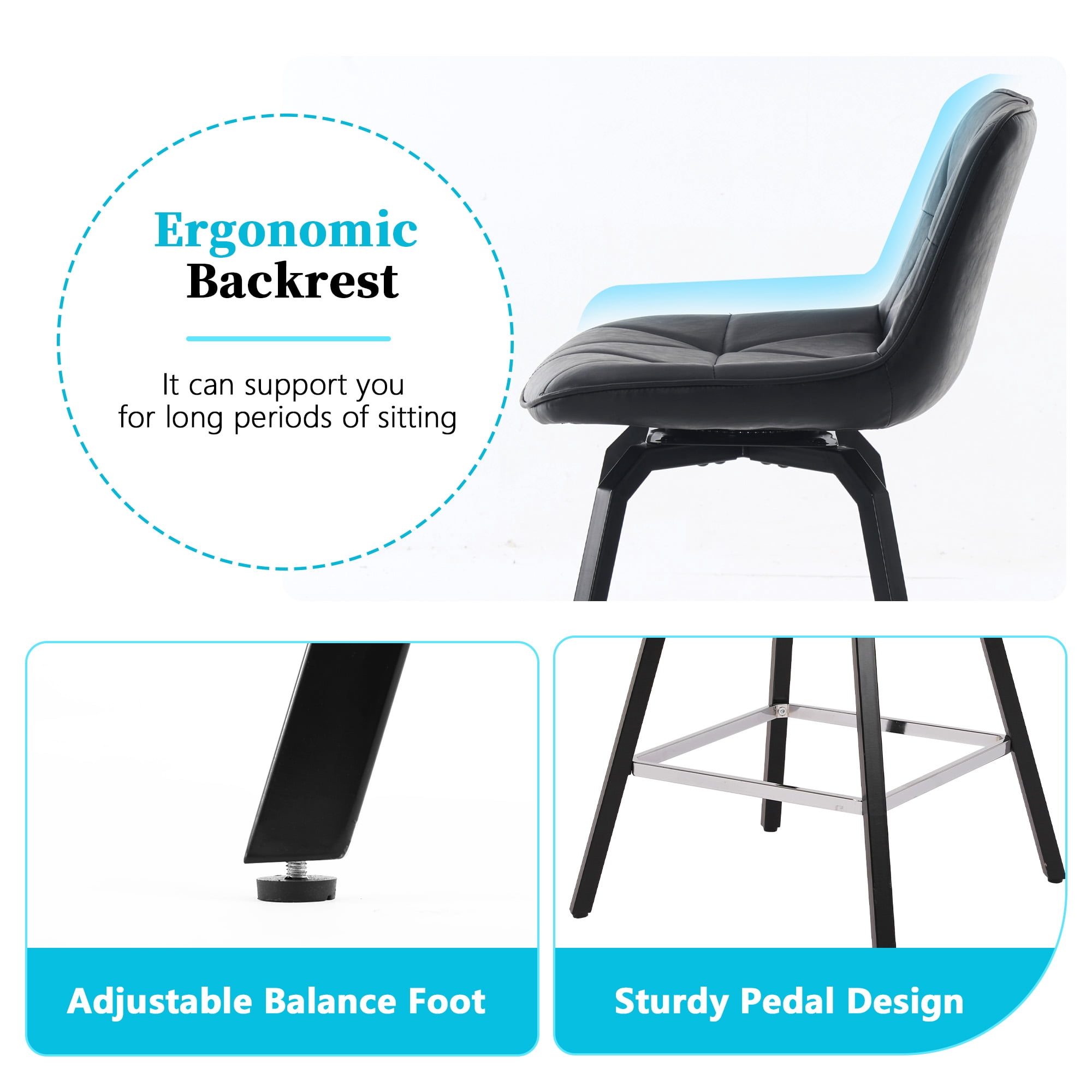 ClinQ 26 inch Swivel Counter Height Bar Stool Set of 3, Faux Leather Seat with Metal Legs and Back, Black-Silver Footrest