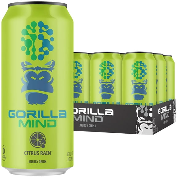 Gorilla Mind Energy Drink | Unmatched Energy · Amplified Focus | N-Acetyl-L-Tyrosine, Alpha-GPC, 200mg Caffeine, Uridine, Saffron | 0 Sugar Or Artificial Colors | 16oz, 12-Pack (Citrus Rain)