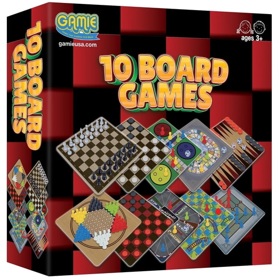 Gamie 10-in-1 Travel Board Game Set – Chess, Checkers, Backgammon, Snakes & Ladders & More – Family Game for Kids Ages 6 