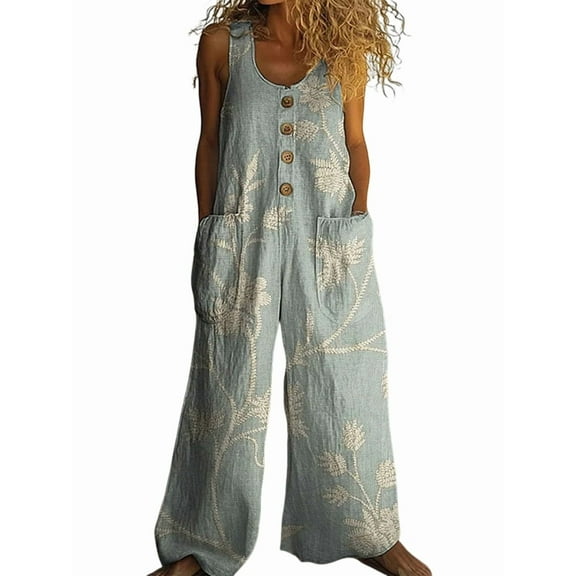 Women'S Summer Boho Casual Jumpsuits Wide Leg Overalls Floral Print Baggy Rompers with Pockets Figure 2 L