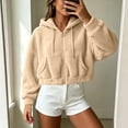 thumbnail image 7 of ZunFeo Womens Oversized Cropped Sherpa Fleece Jacket - Zip-Up Hooded Fuzzy Coat, Khaki,Size M, 7 of 7