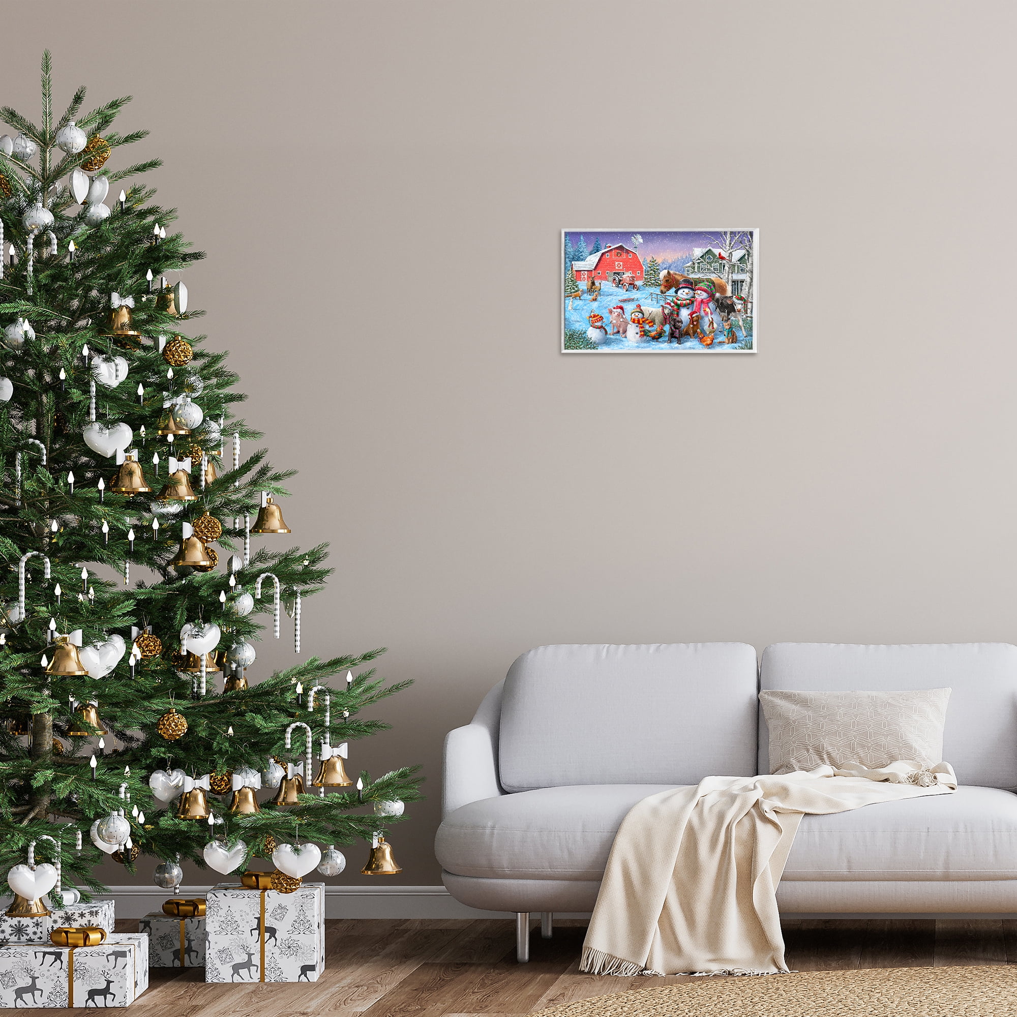 Stupell Industries Snowman & Dogs Family Holiday Painting White Framed Art Prints Wall Art, 18 x 12