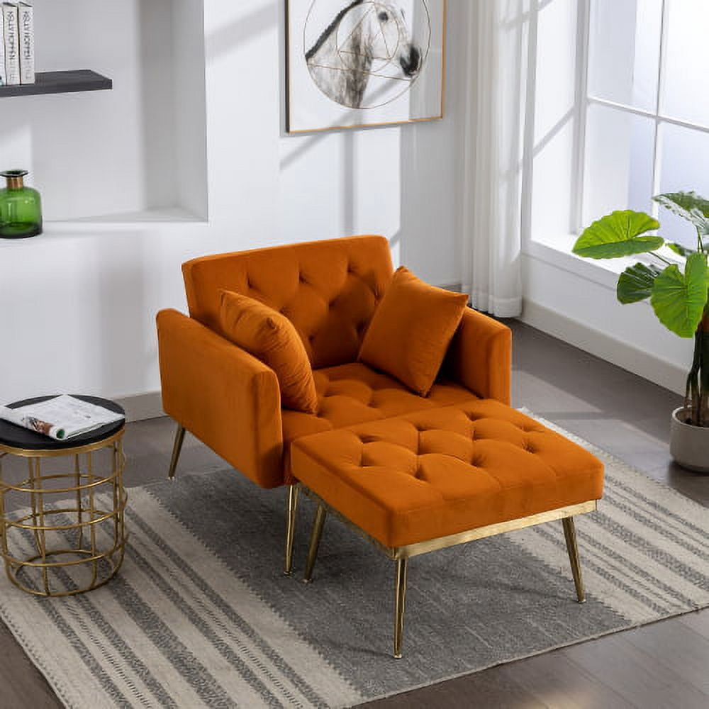 BSHTI 36.61'' Wide Modern Accent Chair With 3 Positions Adjustable Backrest, Tufted Chaise Lounge Chair, Single Recliner Armchair With Ottoman And Gold Legs For Living Room, Bedroom (Orange)