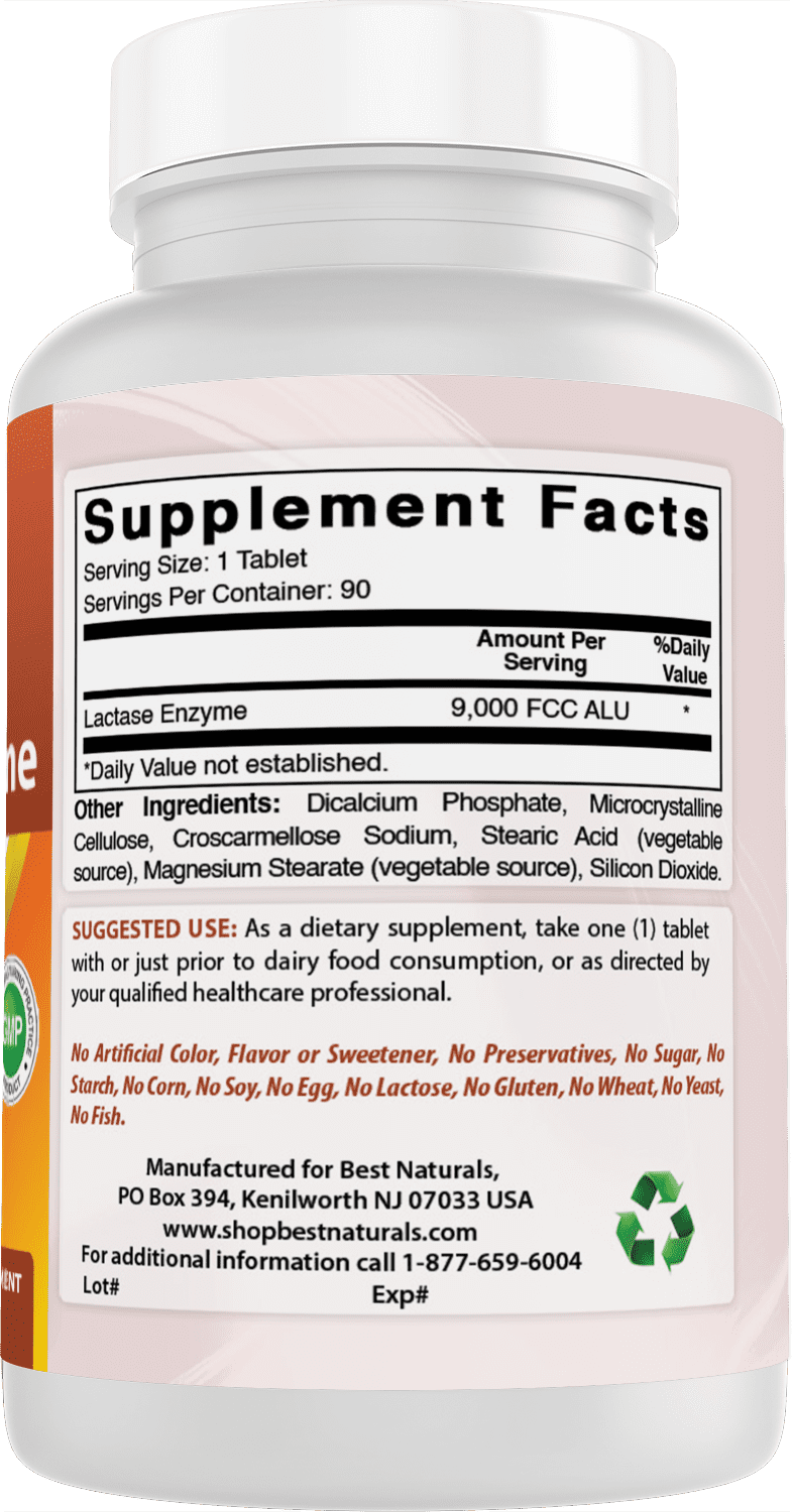 2 Pack Best Naturals Natural Lactase Enzyme 9000 FCC ALU 90 Tablets | Lactose Intolerance Relief Tablets