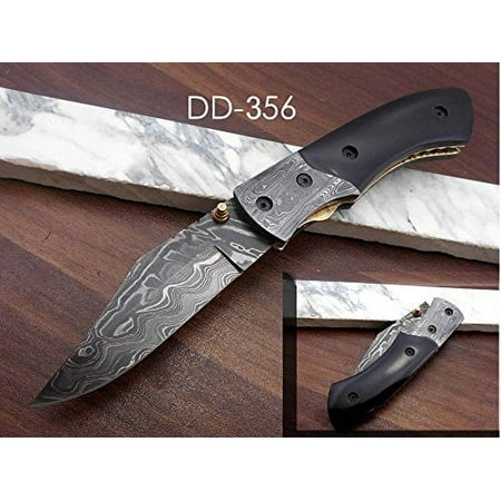 8.3 long hand forged custom made Damascus steel pocket clip folding knife Bull horn scale with Damascus Bolster cow leather sheath