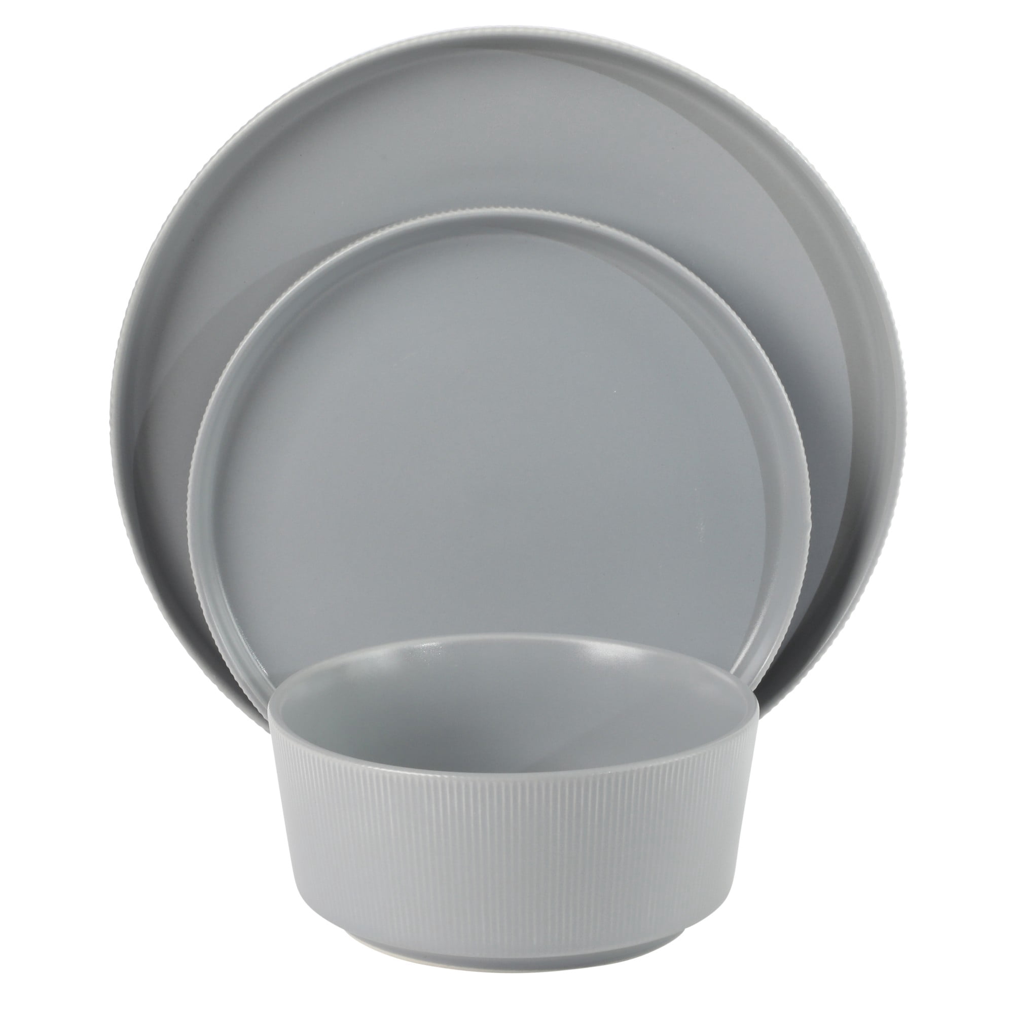 Gibson Home Dempsey Road 12-Piece Stoneware Dinnerware Set – Service for 4, Round Grey Plates and Bowls, Durable Solid Color Modern Embossed Dish Set, Microwave & Dishwasher Safe