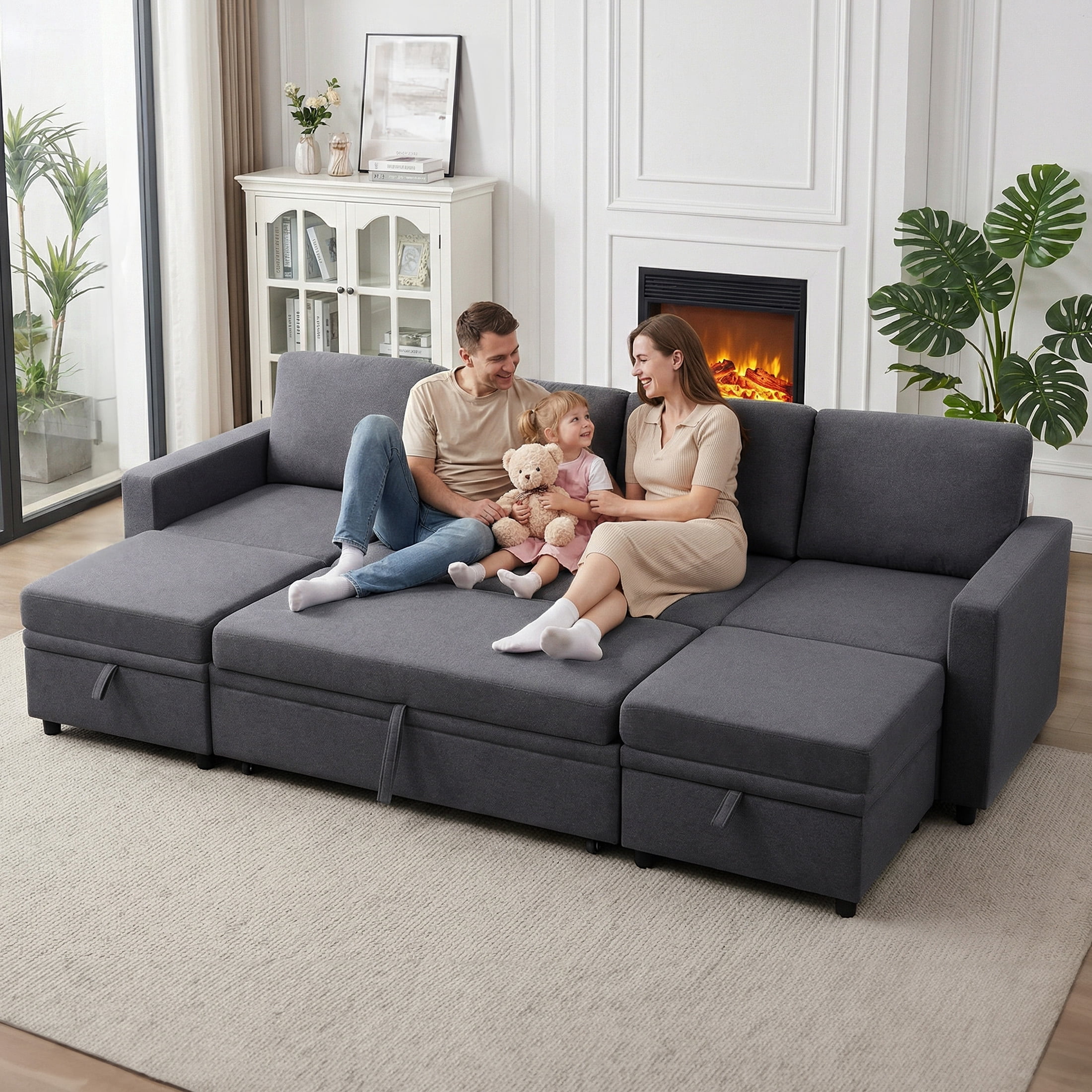 AENKYO 102" U-Shaped Sectional Sofa Bed, Linen Pull Out Sleeper Couch with Storage Seats for Living Room，Dark Gray