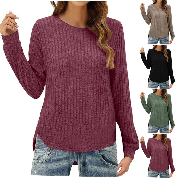 LOVZFMLL Sweaters for Women, Crew Neck Ribbed Pullover Solid Color Casual Basic Undershirt Relaxed Fit Tops Warm Fall Winter Clothes