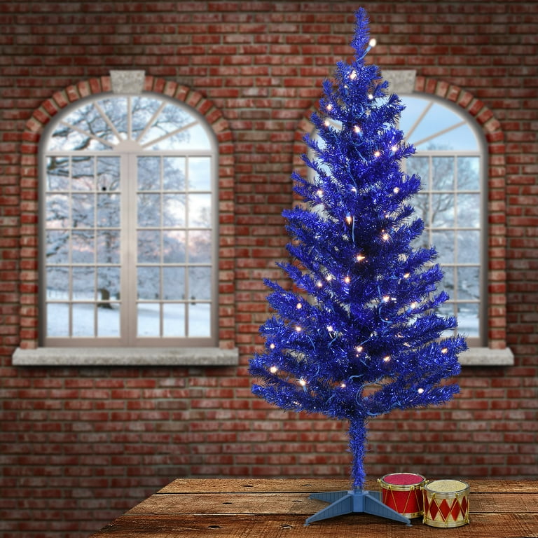 National Tree Company Pre-Lit Artificial Christmas Tree, Blue Tinsel, White  Lights, Includes Stand, 4 feet