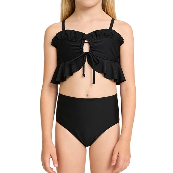 AINIYS Girls Two Piece Swimsuit Halter Neck Open Back Pull On Resistant Beach Swimming Black 100