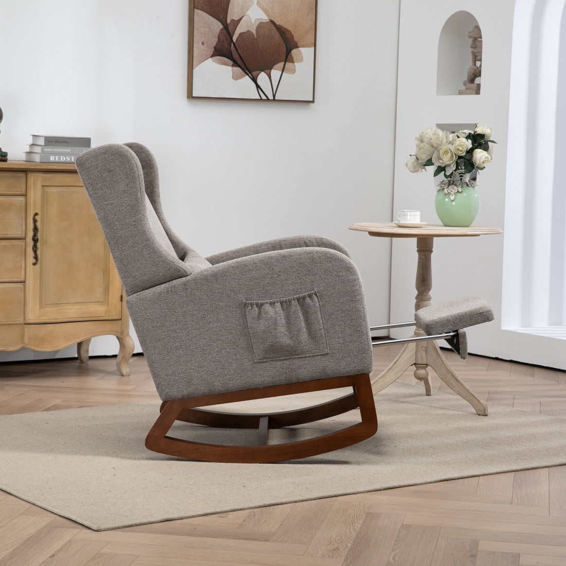 Modern Rocking Chair for Nursery, Mid-Century Design with Retractable Footrest & Side Pocket Storage, Wooden Frame Upholstered Wingback Glider for Living Room & Baby Room Use, Taupe Color