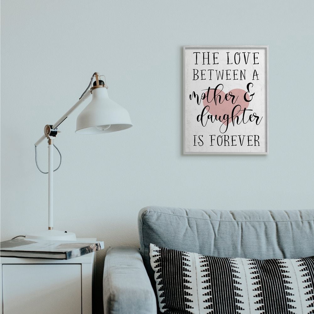 Stupell Industries Love Between Mother and Daughter Motivational Quote Hearts Framed Wall Art Design by Daphne Polselli, 16" x 20", Gray Framed
