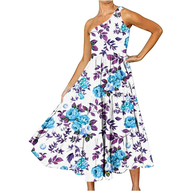 Moda Mujer Boho Verano Causal Un Hombro Impresión Sin Mangas Smocked Maxi Vestido Fridja hjkh3798