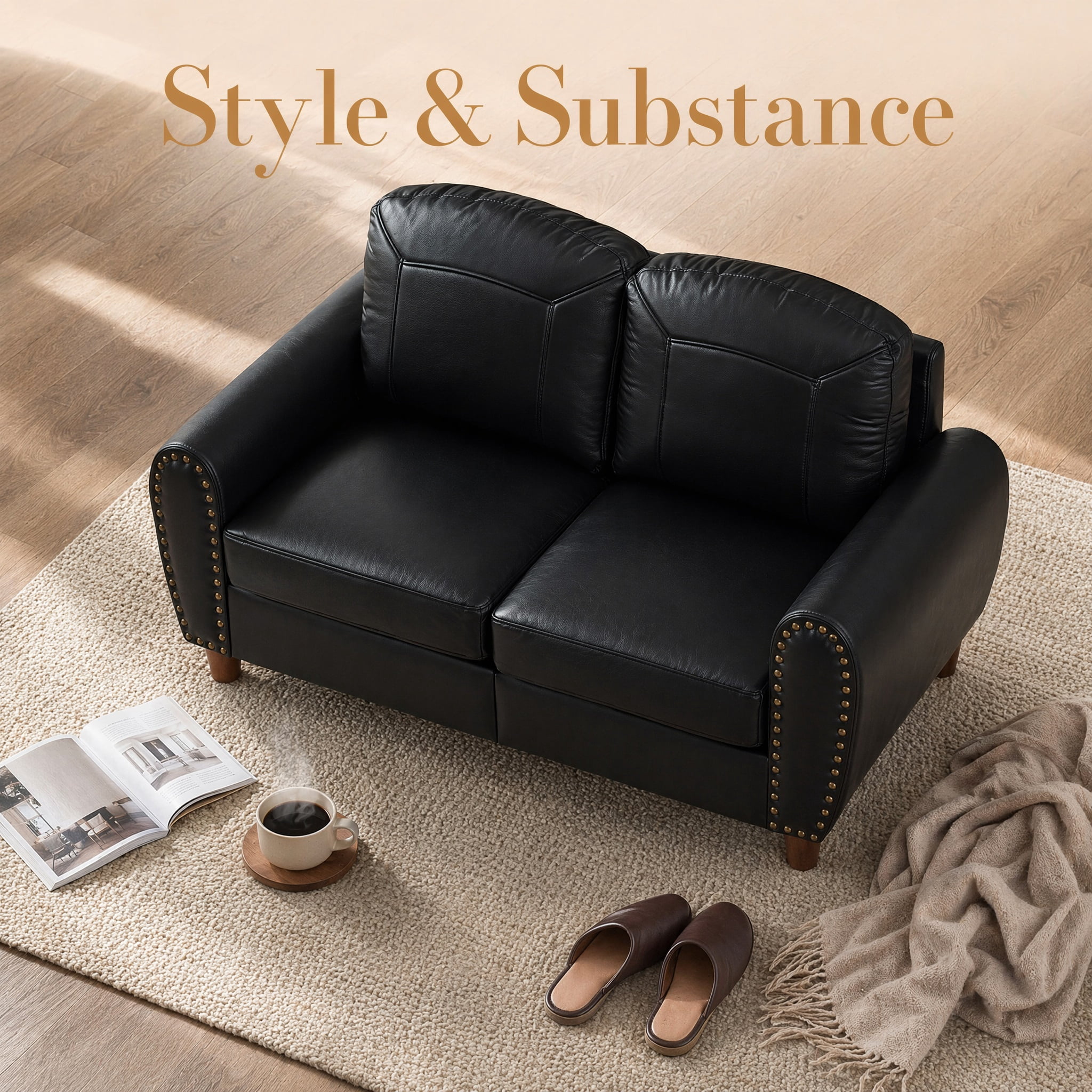Mid-Century Modern Faux Leather Loveseat Sofa,59"W Classic Rolled Arm 2-Seater Sofa Couch with Brass Nailhead Trim & Solid Wood Legs,Apartment,Living Room Furniture,Black