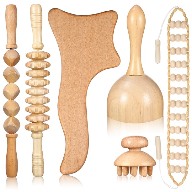 6 Piezas Herramientas de Madera para Masaje Terapéutico con Rodillos y Ventosas para Relajación