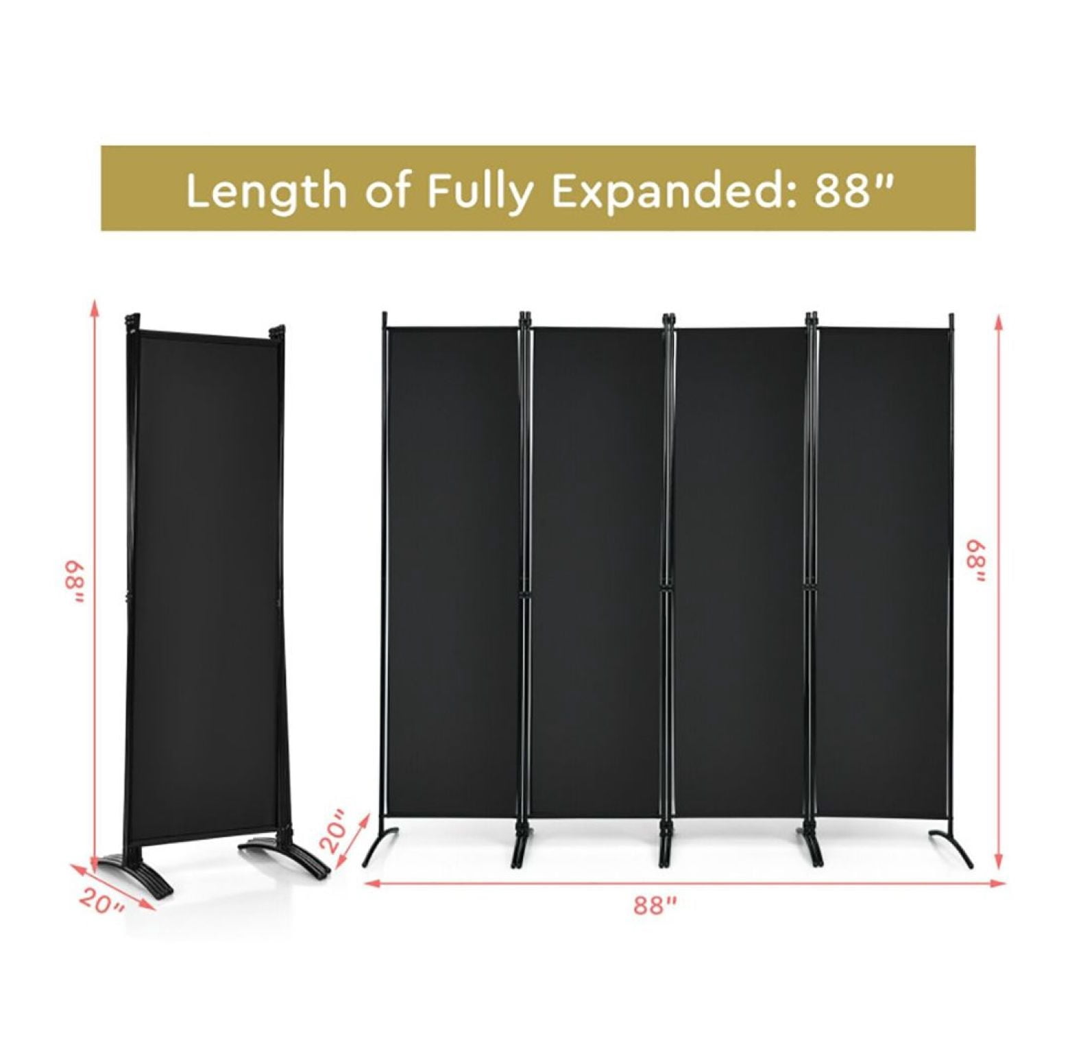 Yunken 4-Panel Steel Frame Room Divider, 5.6 Ft Tall Folding Privacy Screen for Bedroom, Office & Living Space