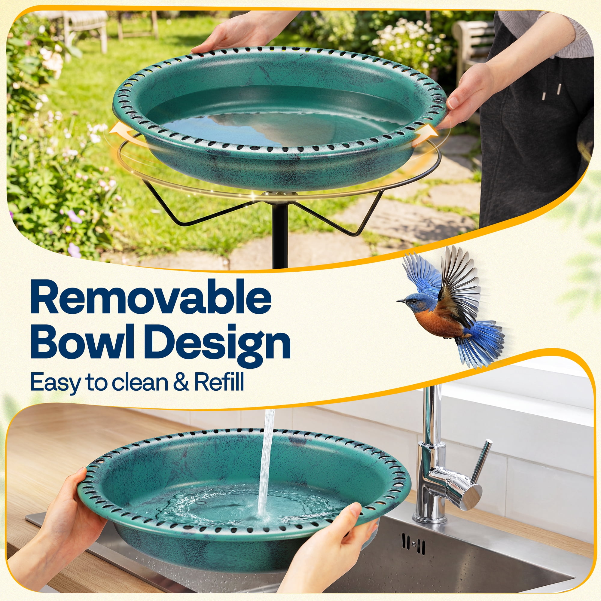 SPECSTAR Oval Bird Bath with Solar Fountain for Outside, Weather-Resistant ABS Birdbath Bowl with Solar Powered Pump, Metal Ground Stake for Outdoor, Garden, 1.3 Gallons, Green