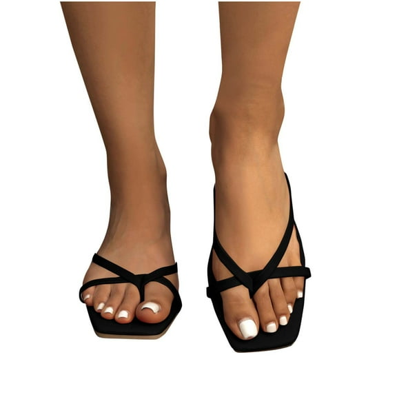 THDHVS Black Sandals Women,Sandals for Women 2025,Women's Fashion Casual Square Toe Thong Spring and Summer Soft Flat Sandals Black 6.5