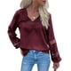 thumbnail image 1 of Camisas con cuello en V para mujer, camiseta de retazos de encaje, blusa informal de manga larga, camisas de jersey de color puro, 1 of 7