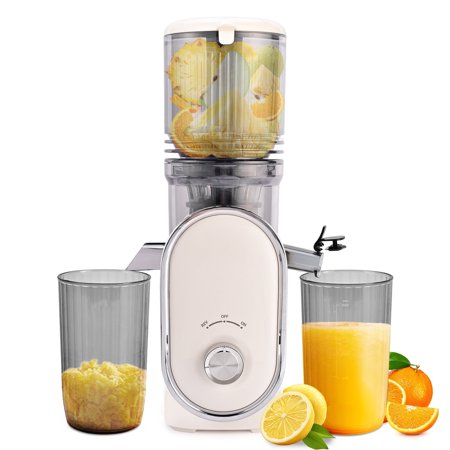Pukomc Slow Juicer - 300W Cold Press Juicer with 5.3" Wide Chute, One-Touch Operation & Auto Stop, High Juice Yield, Easy Clean, Includes Juice & Pulp Cups(Beige)