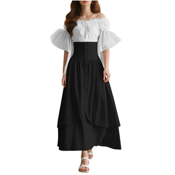 Hvyesh Renaissance Costume Women Medieval Victorian High Waisted Button Skirt Set