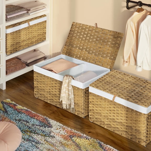 Rolanstar Storage Basket with Lid, 105L Lagre Wicker Blanket Storage Basket with Handles, Foldable, 2 Removable Liner Bags, Metal Frame, for Bedroom, Laundry Room, Natural