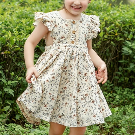 

MyBeauty Baby Dress Floral Print A-line Cotton Lacework Large Hemline Party Sweet Dress for Home Floral Yellow 2 Years