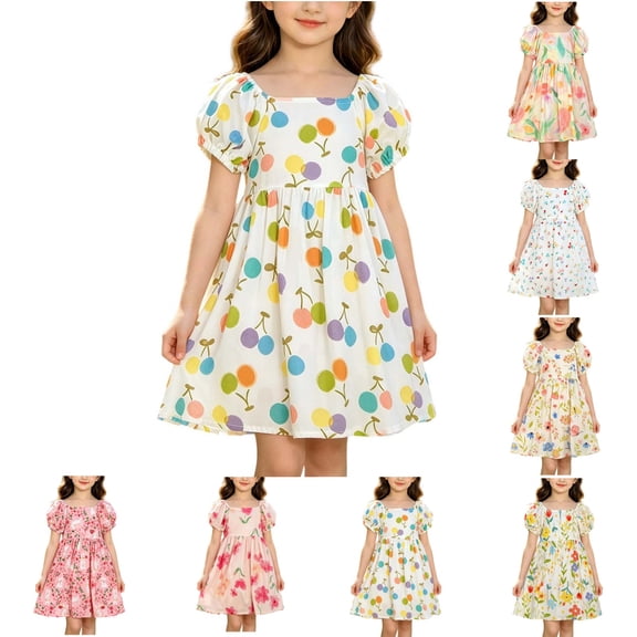 YHAJDS Girls Summer Dress Allover Print Short Sleeve Casual Sundress Daliy Wear Dress Size 1-11 Year