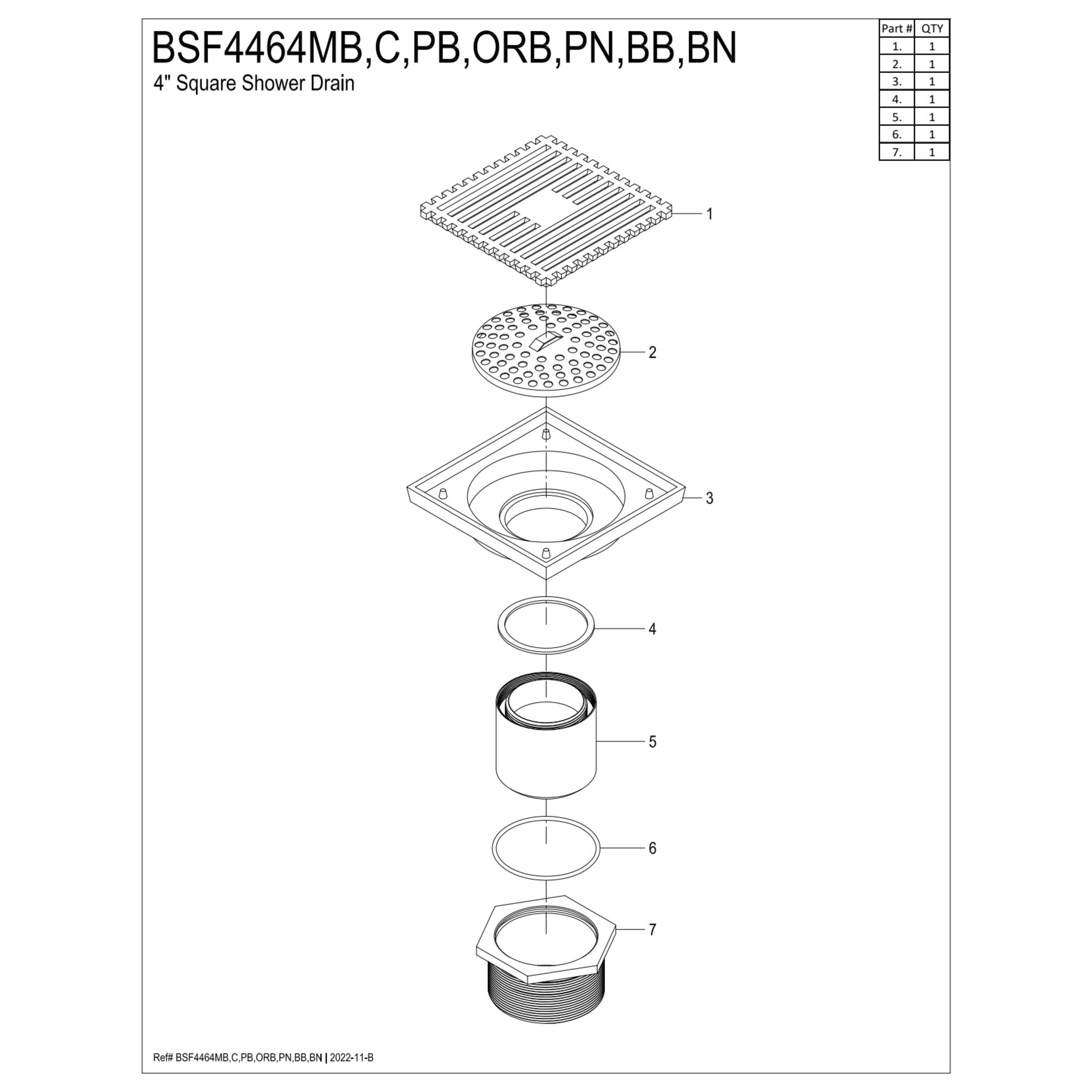 Kingston Brass BSF4464BN Watercourse 4-Inch Brass Square Grid Shower Drain with Hair Strainer in Brushed Nickel