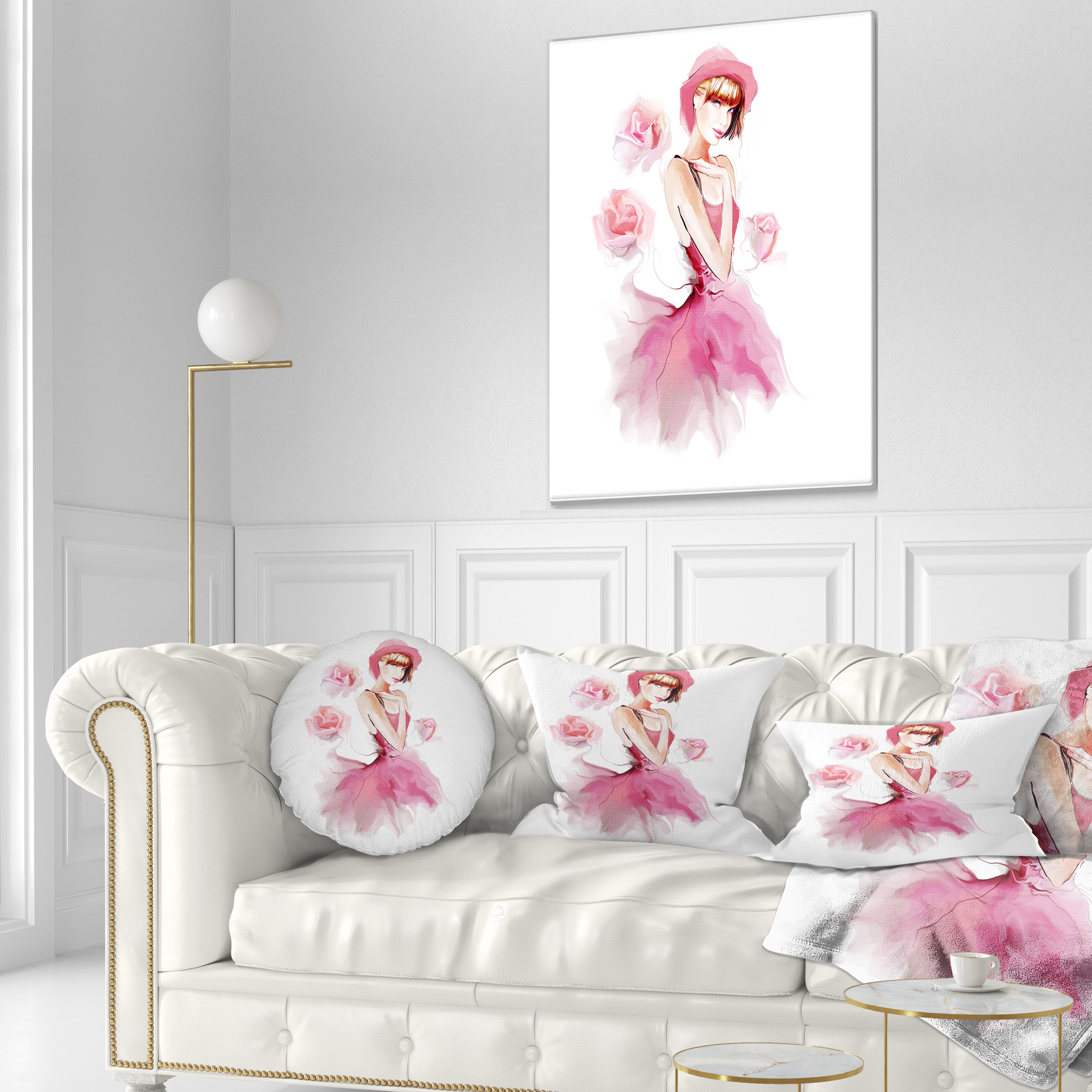 Designart Woman in Pink Dress and Hat - Digital Art Portrait Throw Pillow - 12x20