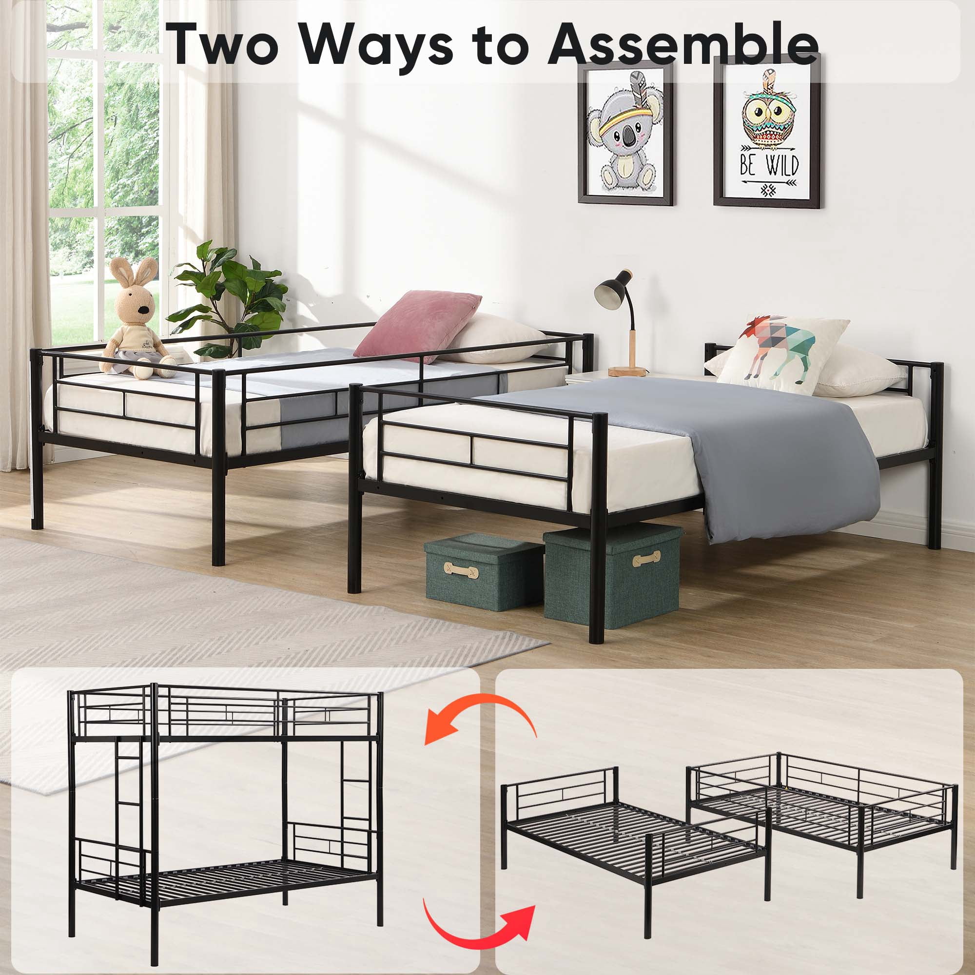 Aukfa Metal Bunk Bed Twin over Twin, Able to Split Two Beds for Kids Teens Dorm - Black