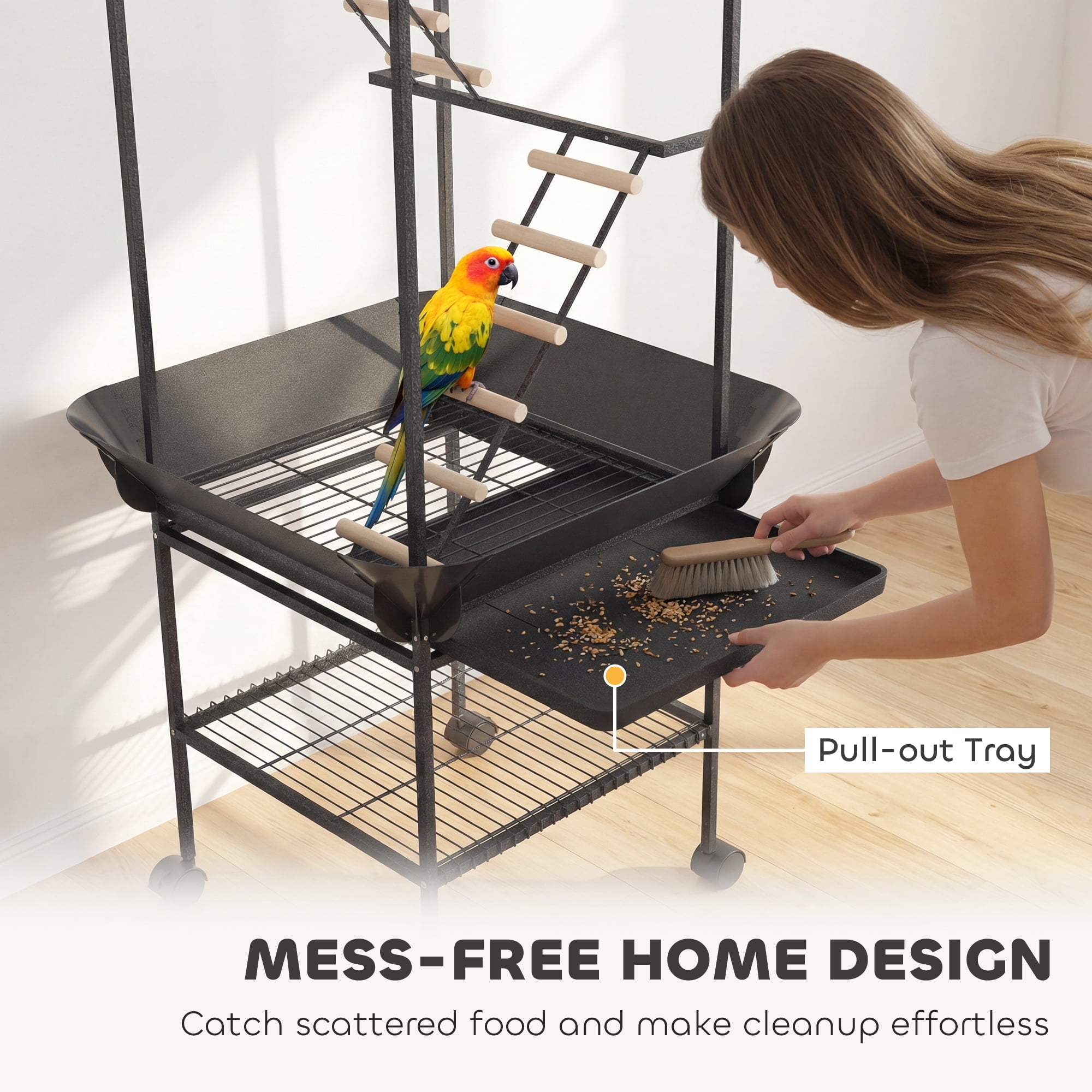PawHut 64"H Rolling Bird Stand Parrot Playstand with Seed Guard & Wheels, Ladders, Swing, Toy Hook & Bowls, for Cockatiels, Conures, Parakeets