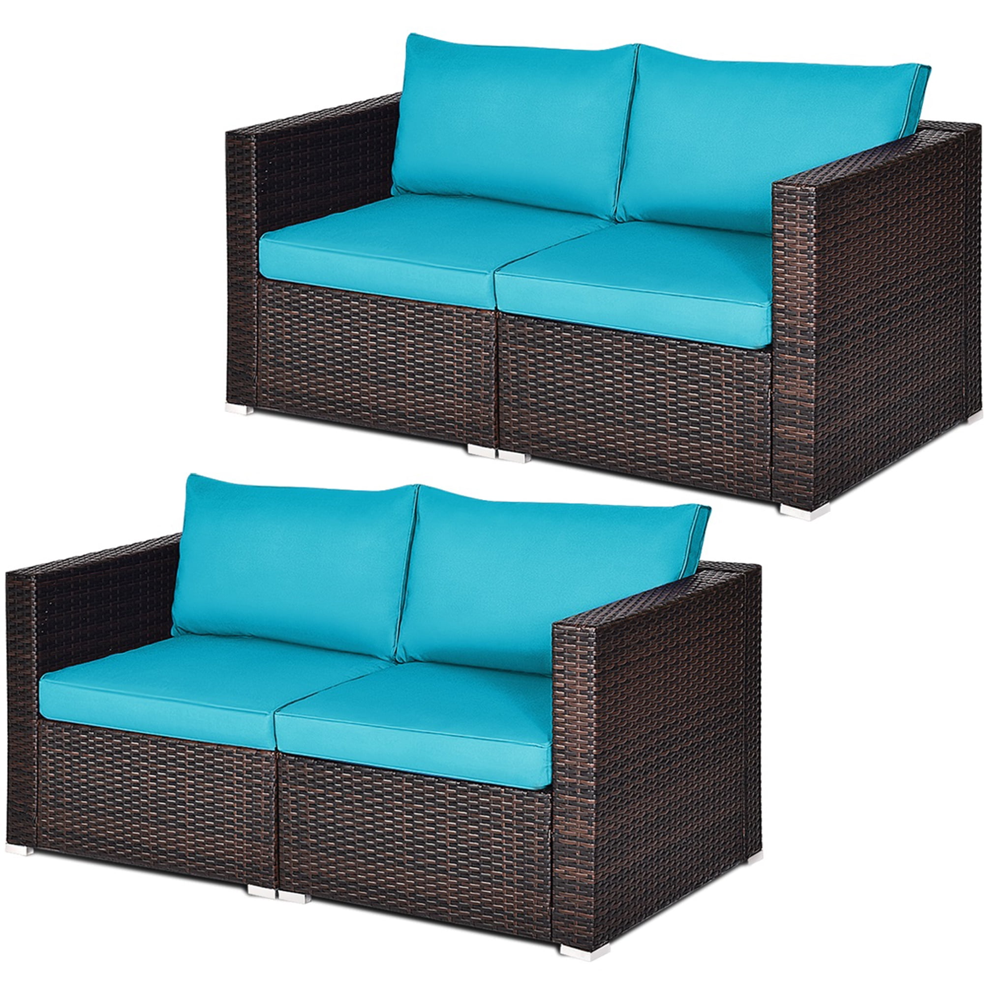 Gymax 4PCS Rattan Corner Sofa Set Patio Outdoor Furniture Set w/ Blue Cushions