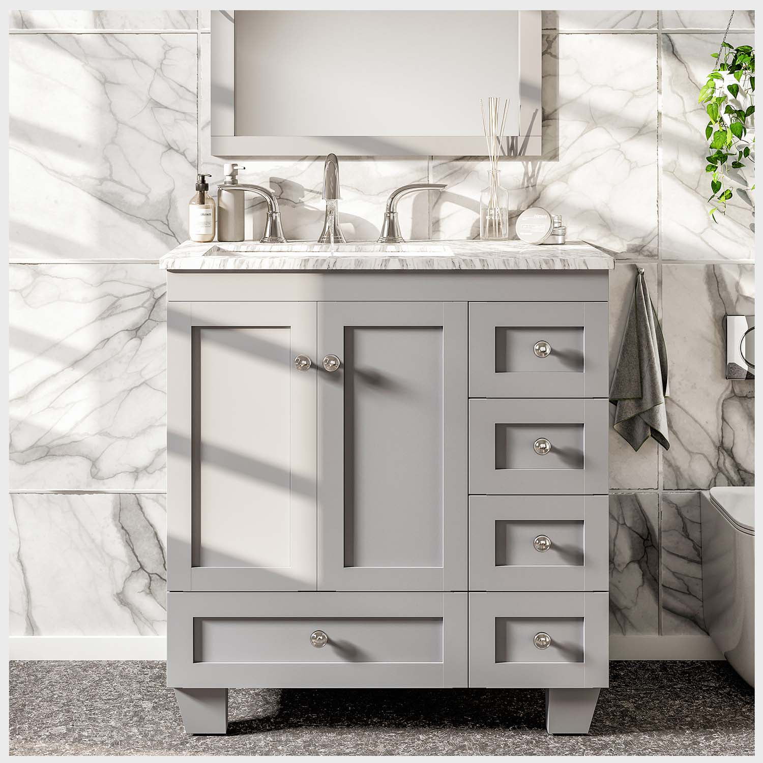 Eviva Acclaim C. 30" Transitional Gray Bathroom Vanity with White Carrara Marble Counter-Top