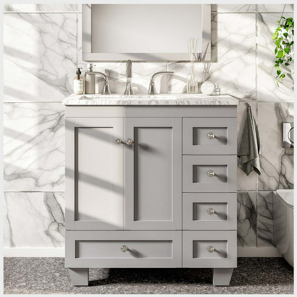 Transitional Gray Bathroom Vanity, 36 Inch Vanity With Drawers On Left Side