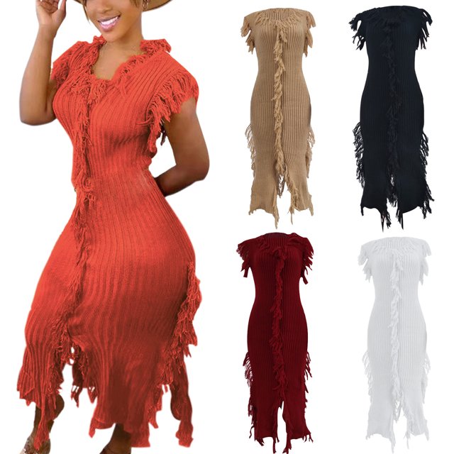 Gspmoly Robes pour Femmes, Robe Décontractée pour Femmes, Mode Aguichant, Passe-Partout, Couleur Unie, Tricotée, Sans Manches, à Franges, Robe de Cocktail, Offres des Fêtes