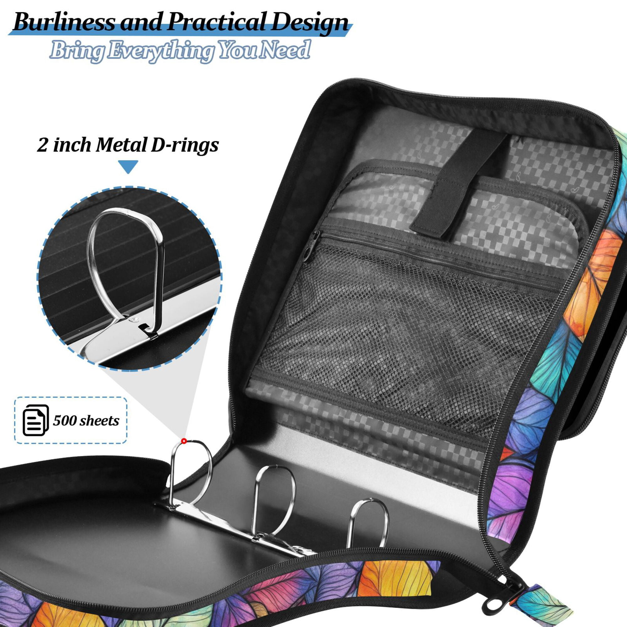 FORMRS Zipper Binder with Shoulder Strap 2-inch Ring 500 Sheet Capacity File Bag, Colorful Leaves