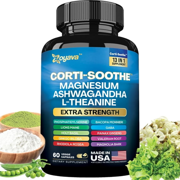 Cortisol Supplement Magnesium Glycinate 200mg L-Theanine 150mg Ashwagandha 150mg Phosphatidylserine 50mg & Cortisol Manager Lions Mane Holy Basil Ginkgo Biloba Bacopa Monnieri Valerian Root (60 Caps)