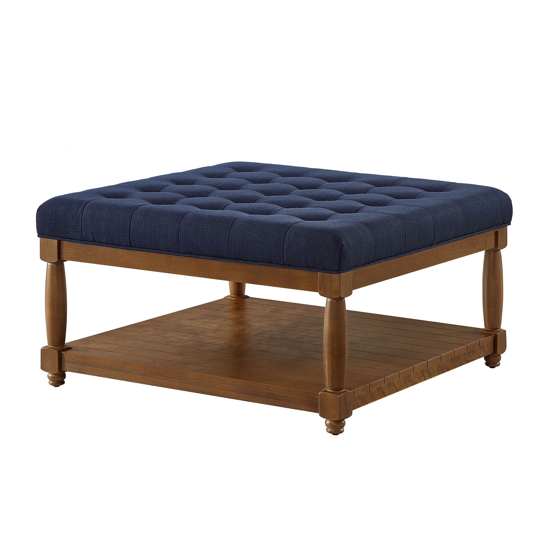 S-HOME Large Square Upholstered Tufted Linen Ottoman, Spacious Coffee Table with Solid Wood Shelf，Navy Blue