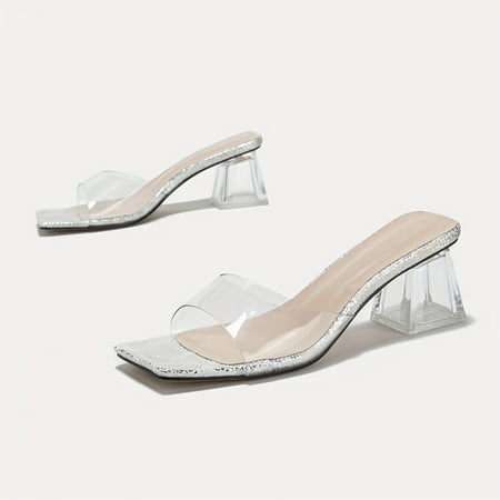 

NAYUKA Solid Color Trendy Sandals Slip On Chunky Heel Transparent Casual Slides Versatile PVC Party Slides