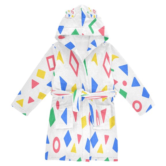 FORMRS Niños Bathrobe Unisex Hooded Robe Soft Plush Pajamas Sleepwear, Size 2-3T, Blue Retro Triangles
