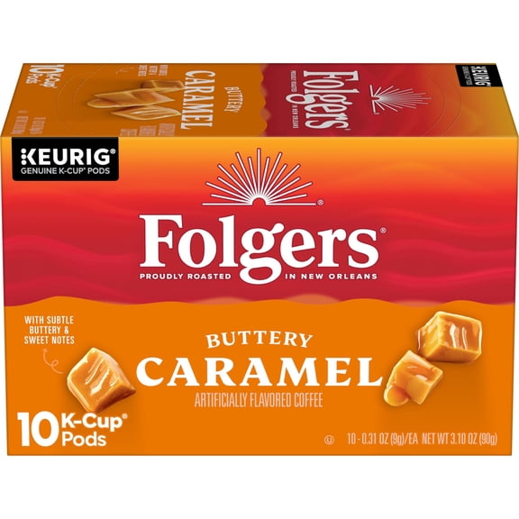 Folgers Buttery Caramel Artificially Flavored Coffee, Keurig K Cup Pods, 10 Count Box