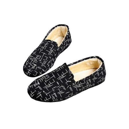 

Woobling Mens Winter Shoes Comfort Flats With Lined Warm Loafers Men Casual Shoe Slip Resistant Moccasins Slip-ons Low Top Black 2# 8.5