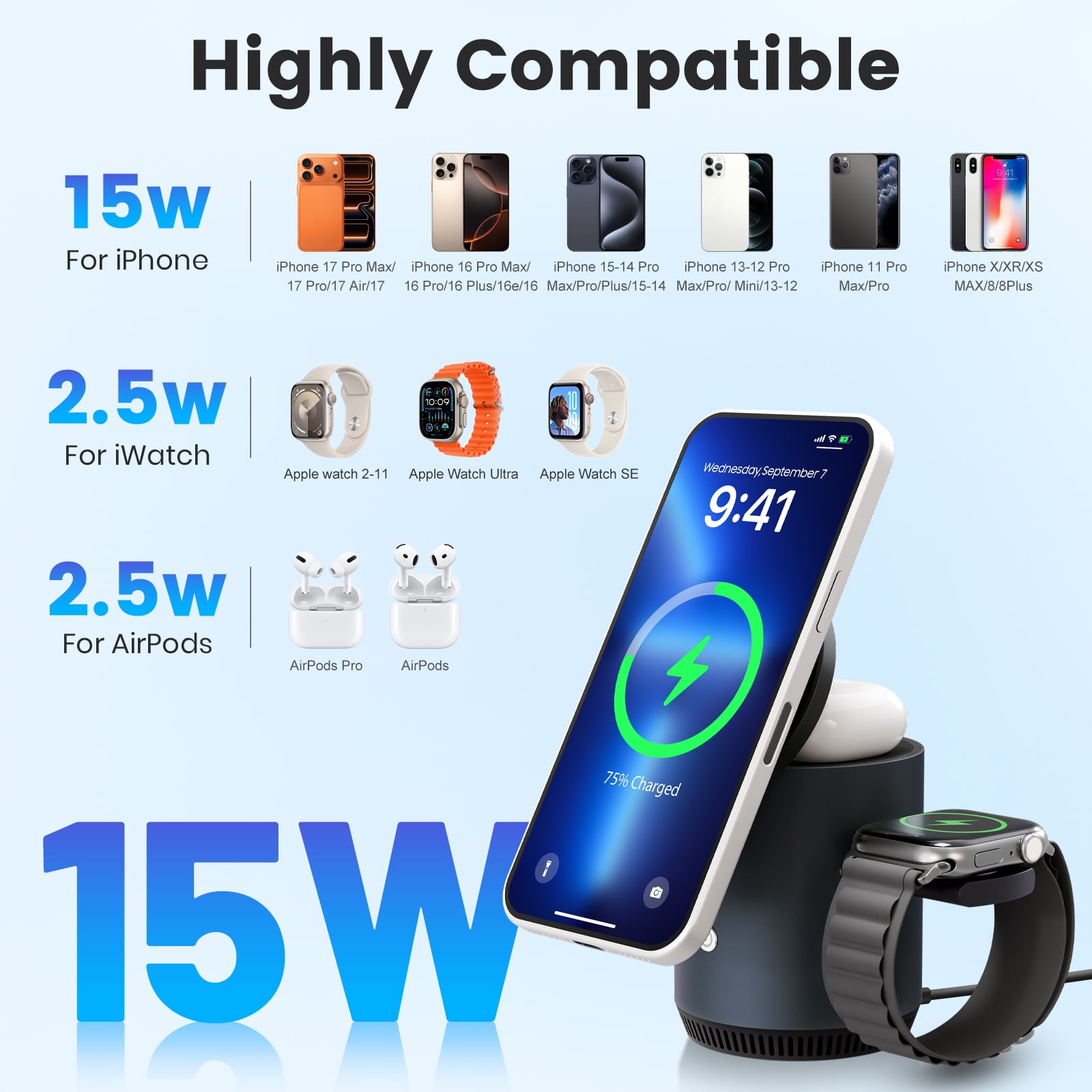 Wireless Charger for iPhone, Charging Station for iPhone 17 16 15 14 13 12, for AirPods 4 3 2, for iWatch Series, with Adjustable Night Light, Black
